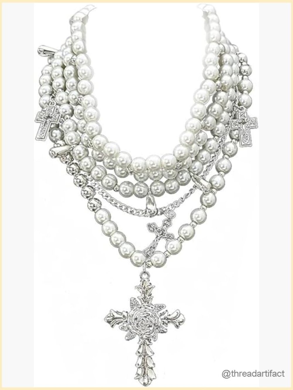 Layered Gothic Cross Pearl Stacked Necklace